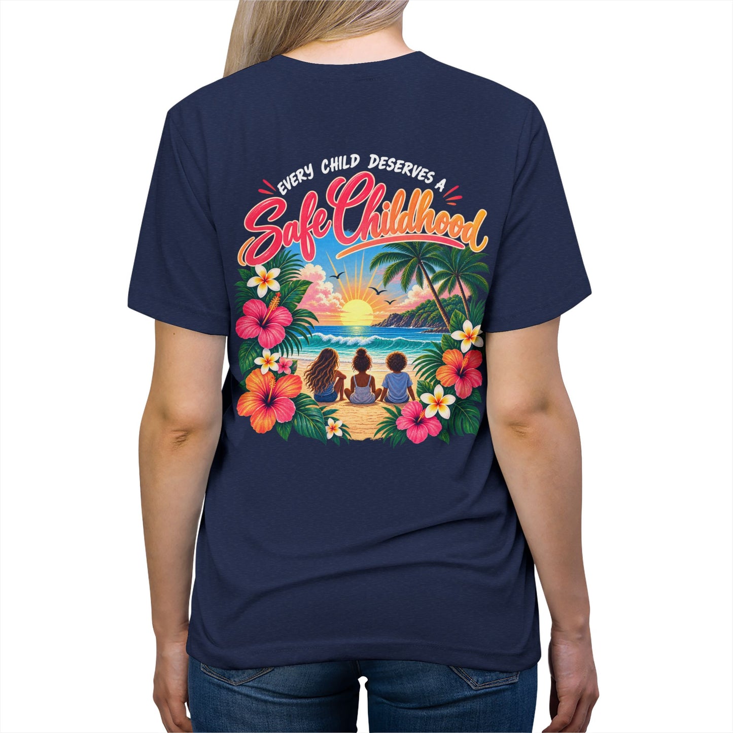 'Every Child Deserves a Safe Childhood' Tropical Sunset Unisex Shirt